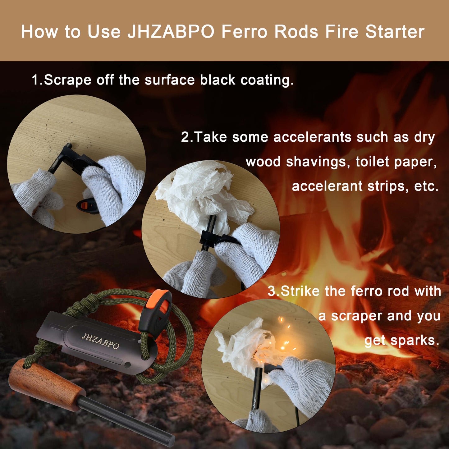 JHZABPO Fire Starter for Campfires, Flint and Steel Fire Starter Kit, Ferro Rod Survival Kit, Fast Fire Stick with Survival Whistle