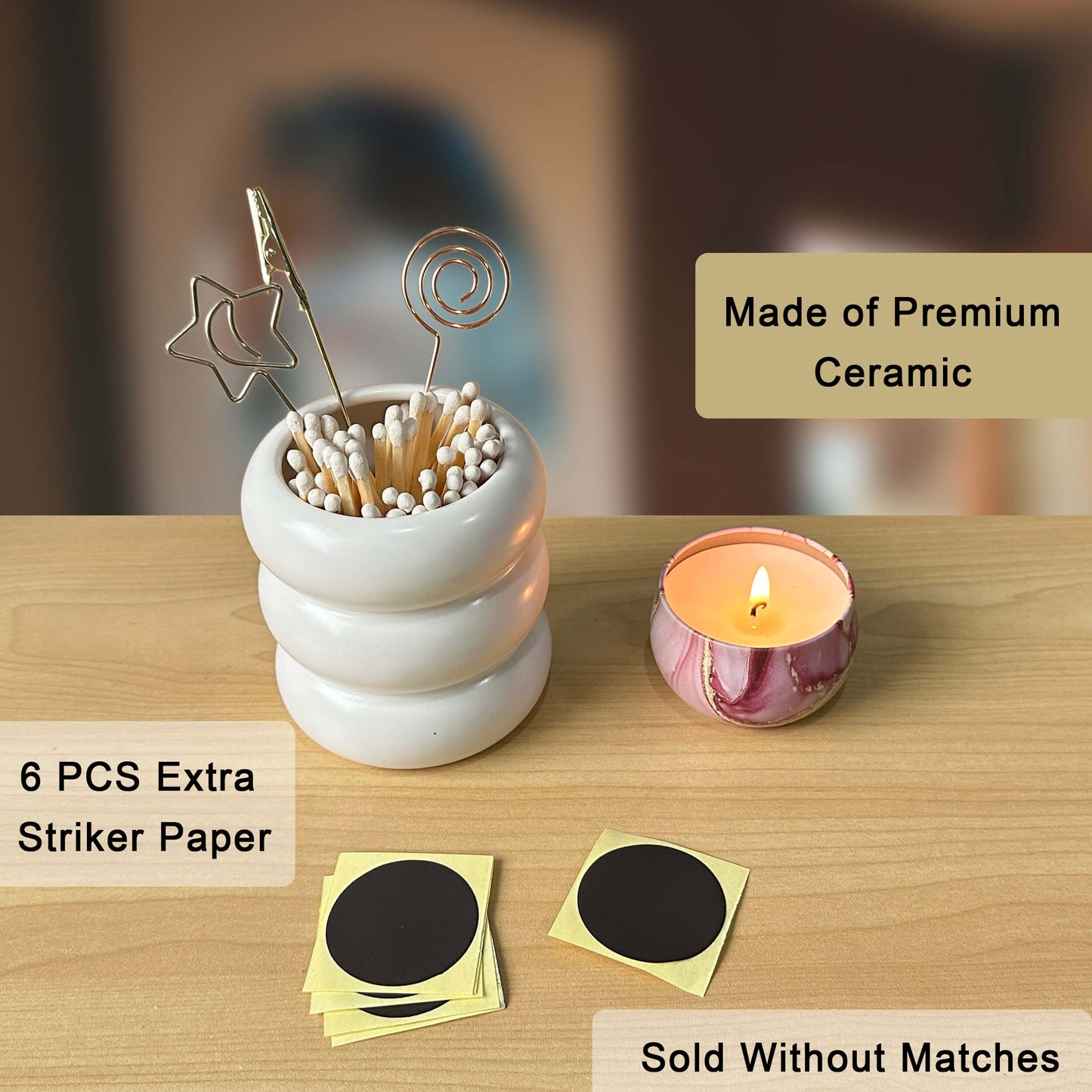 Match Holder with Striker - Decorative Ceramic Match Holder - Large Size Matches Holder Use for Long Matches Bulk(Sold without Matches)